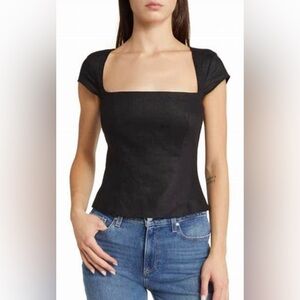 Reformation Cora Linen Blouse Top Square Neck Size 10 Black